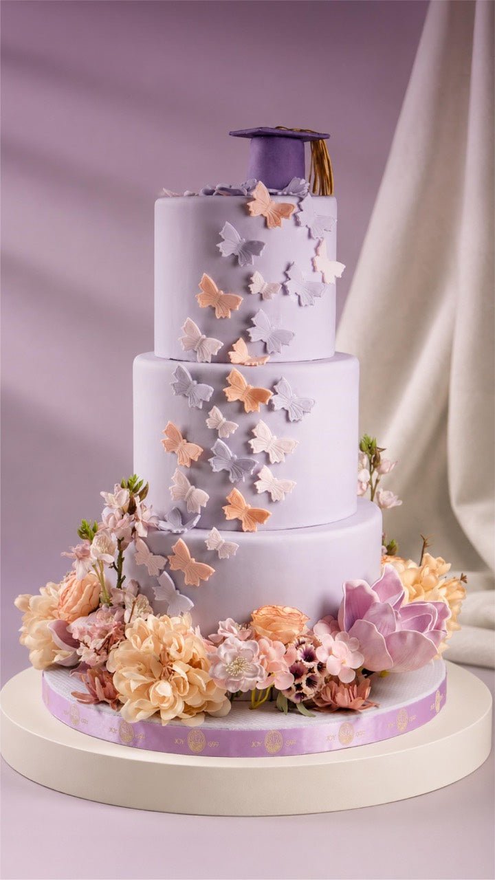 Three-tier lavender celebration cake decorated with butterflies and flowers